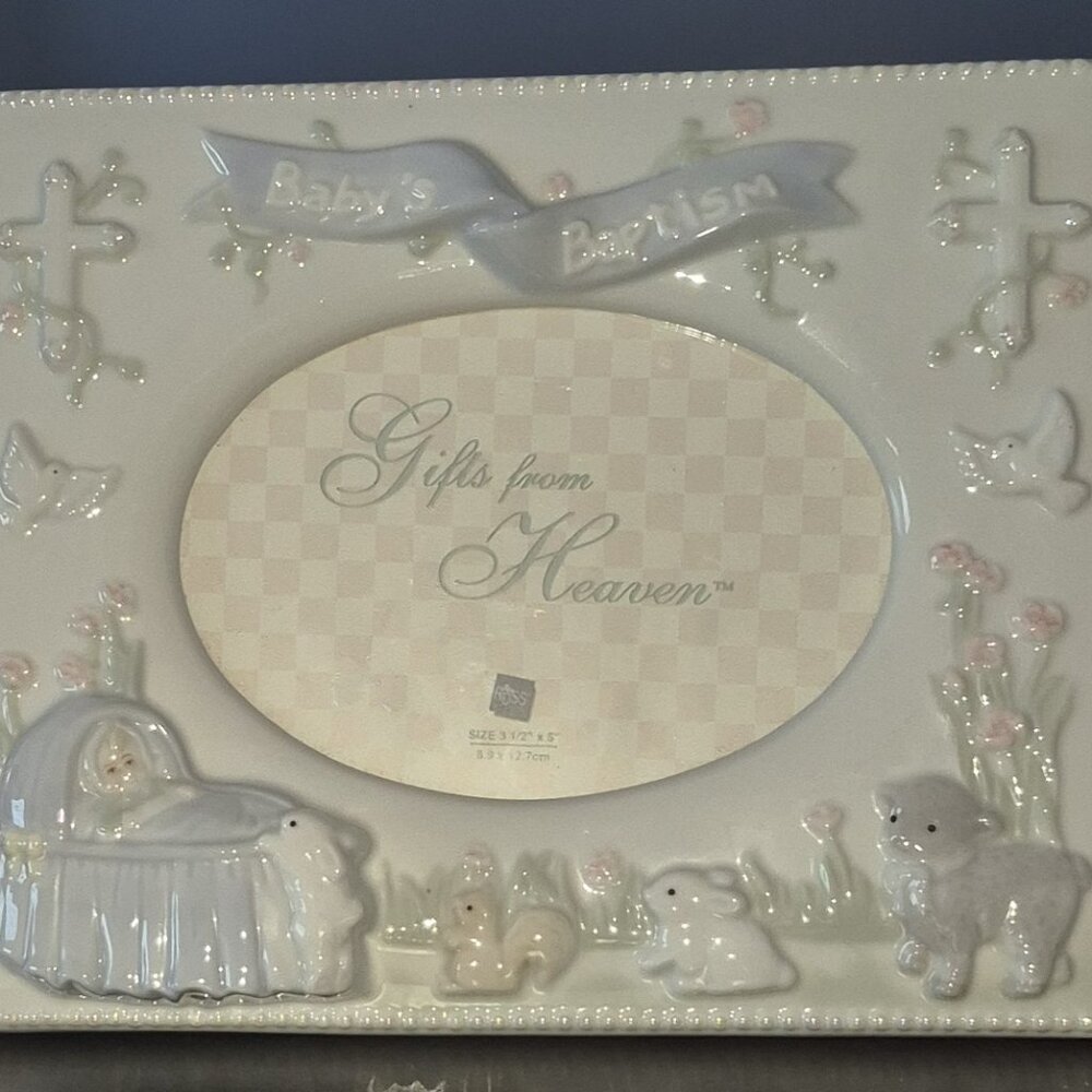 Russ Berrie Baby’s Baptism Porcelain 3.5" x 5" Photo Picture Frame, Blue